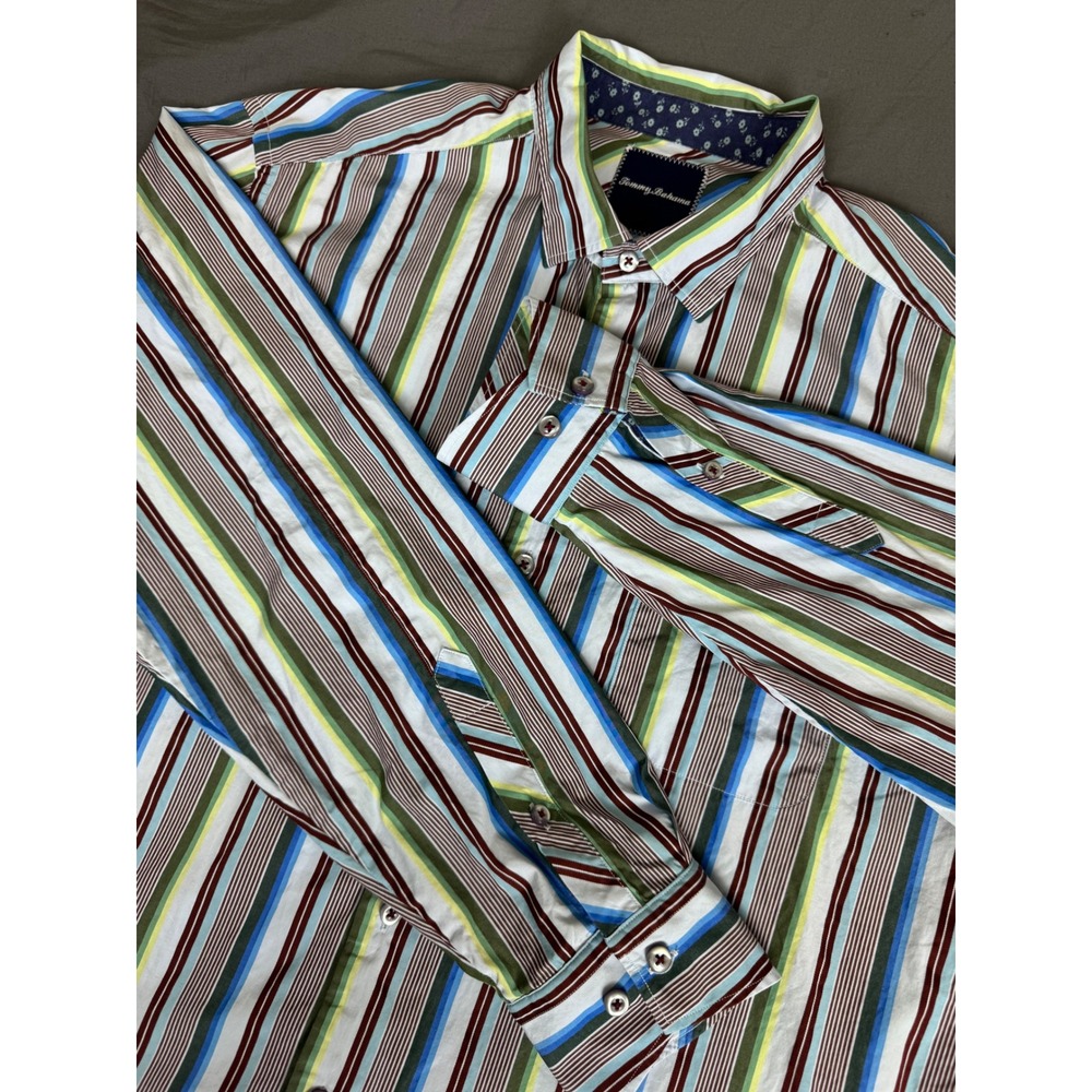 Tommy Bahama Men Large Multi Color Striped Long Sleeve Button Down Cotton Shirt